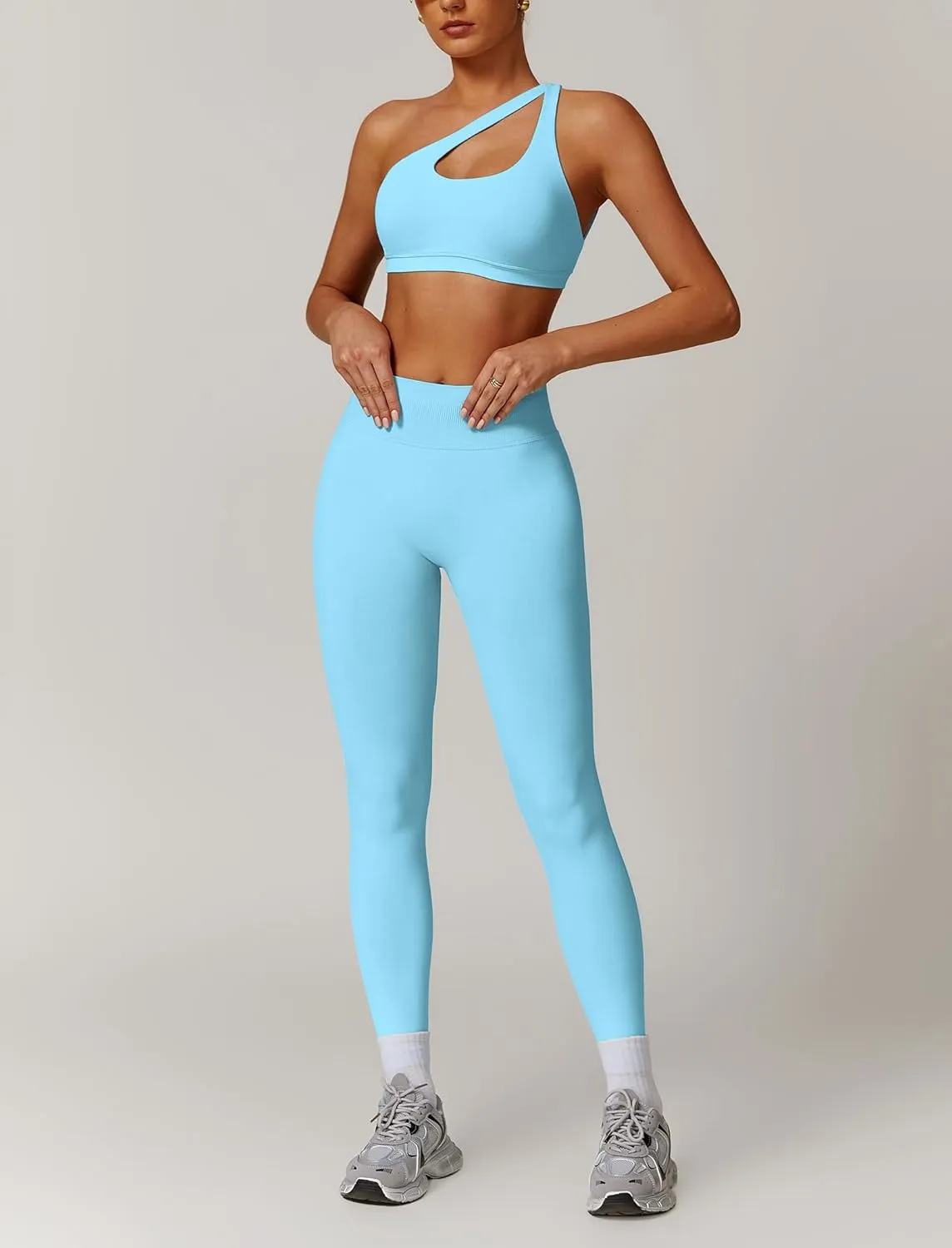 ABOCIW Women Workout Sets Seamless High Waist Scrunch Butt Lifting Gym Leggings Cutout One Shoulder Sports Bra