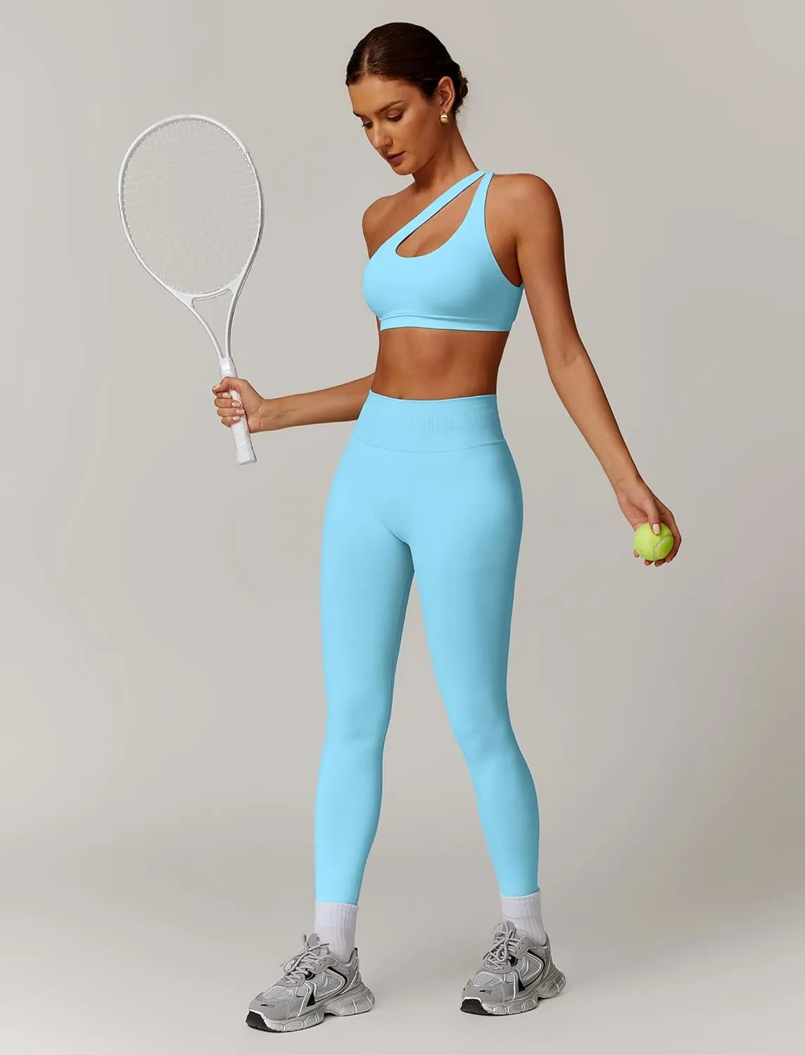 ABOCIW Women Workout Sets Seamless High Waist Scrunch Butt Lifting Gym Leggings Cutout One Shoulder Sports Bra
