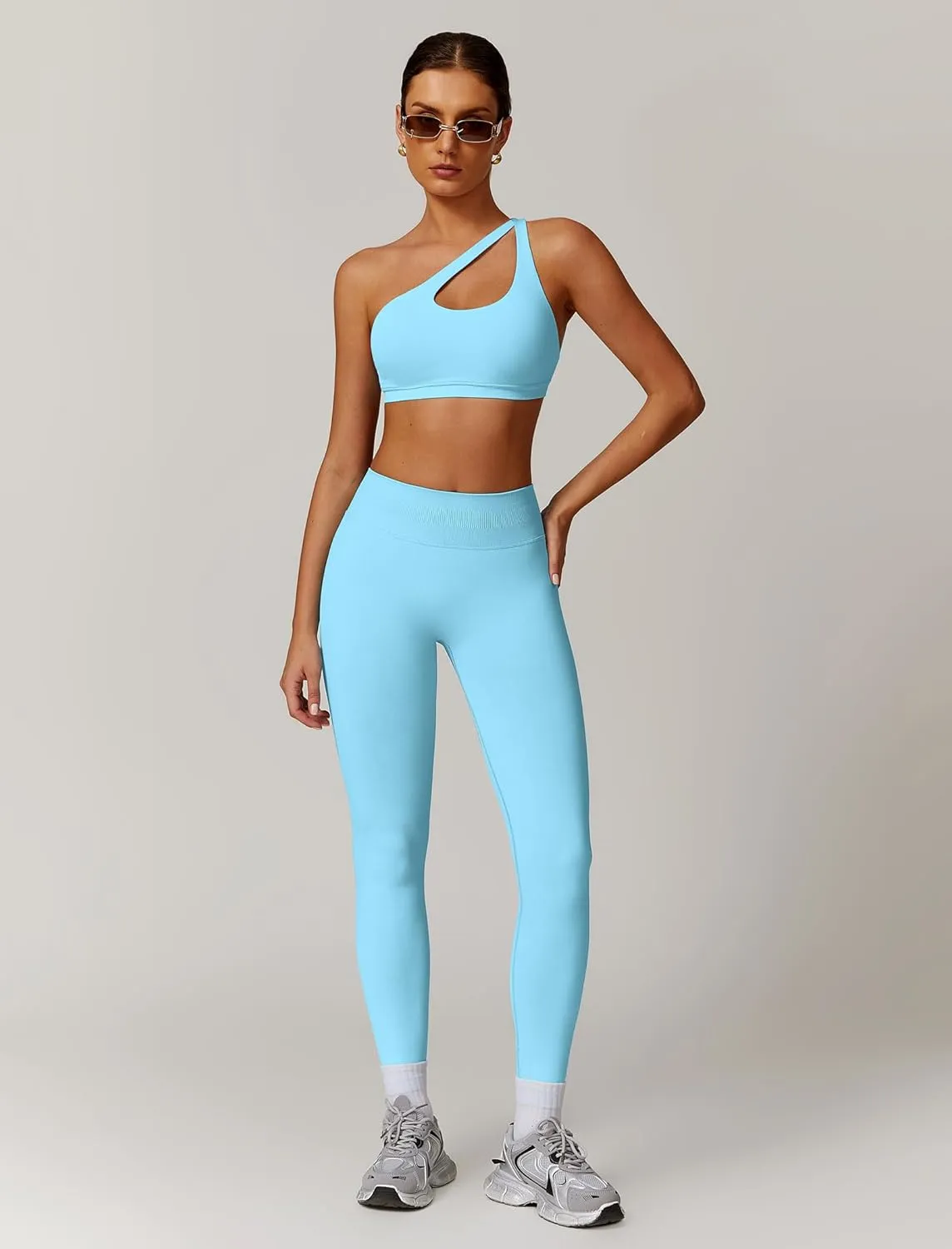 ABOCIW Women Workout Sets Seamless High Waist Scrunch Butt Lifting Gym Leggings Cutout One Shoulder Sports Bra