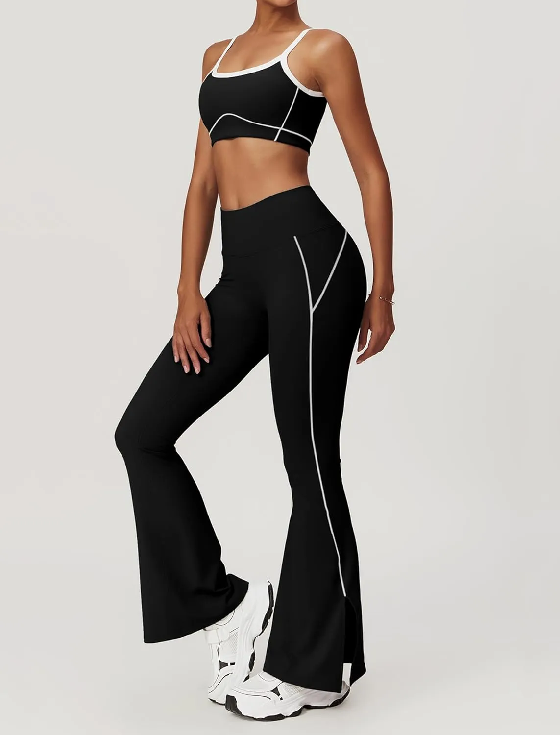 ABOCIW Workout Sets for Women 2 Piece Contrast Piping Sports Bra High Wasit Split hem Flared Leggings