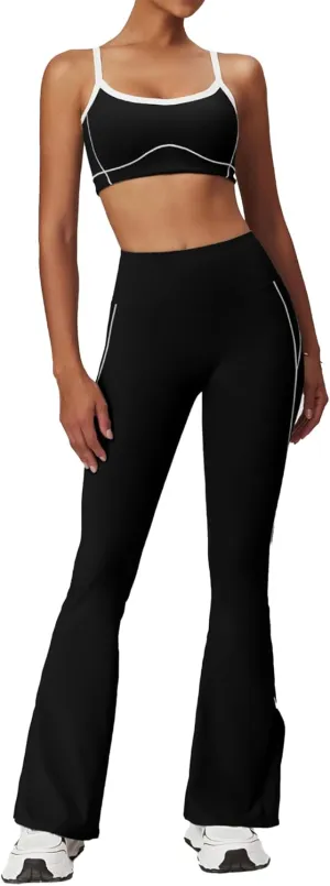 ABOCIW Workout Sets for Women 2 Piece Contrast Piping Sports Bra High Wasit Split hem Flared Leggings