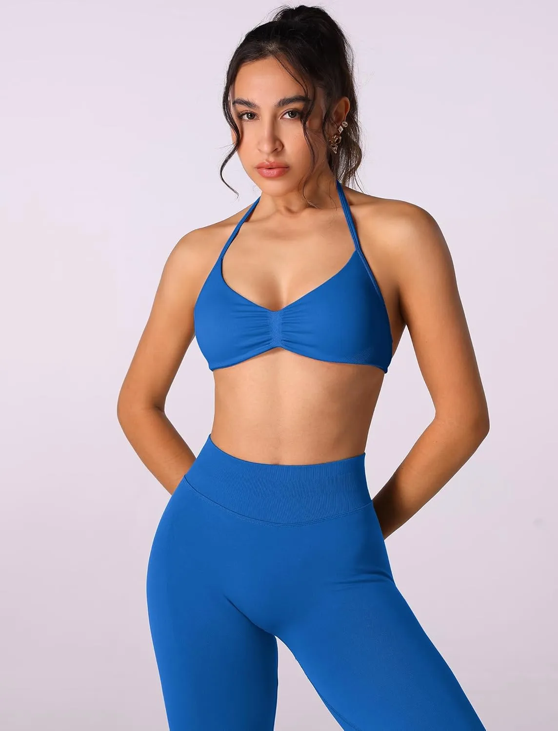 ABOCIW Workout Sets for Women 2 Piece Seamless Halter Sports Bra Scrunch Butt High Waist Leggings Gym Yoga Outfits