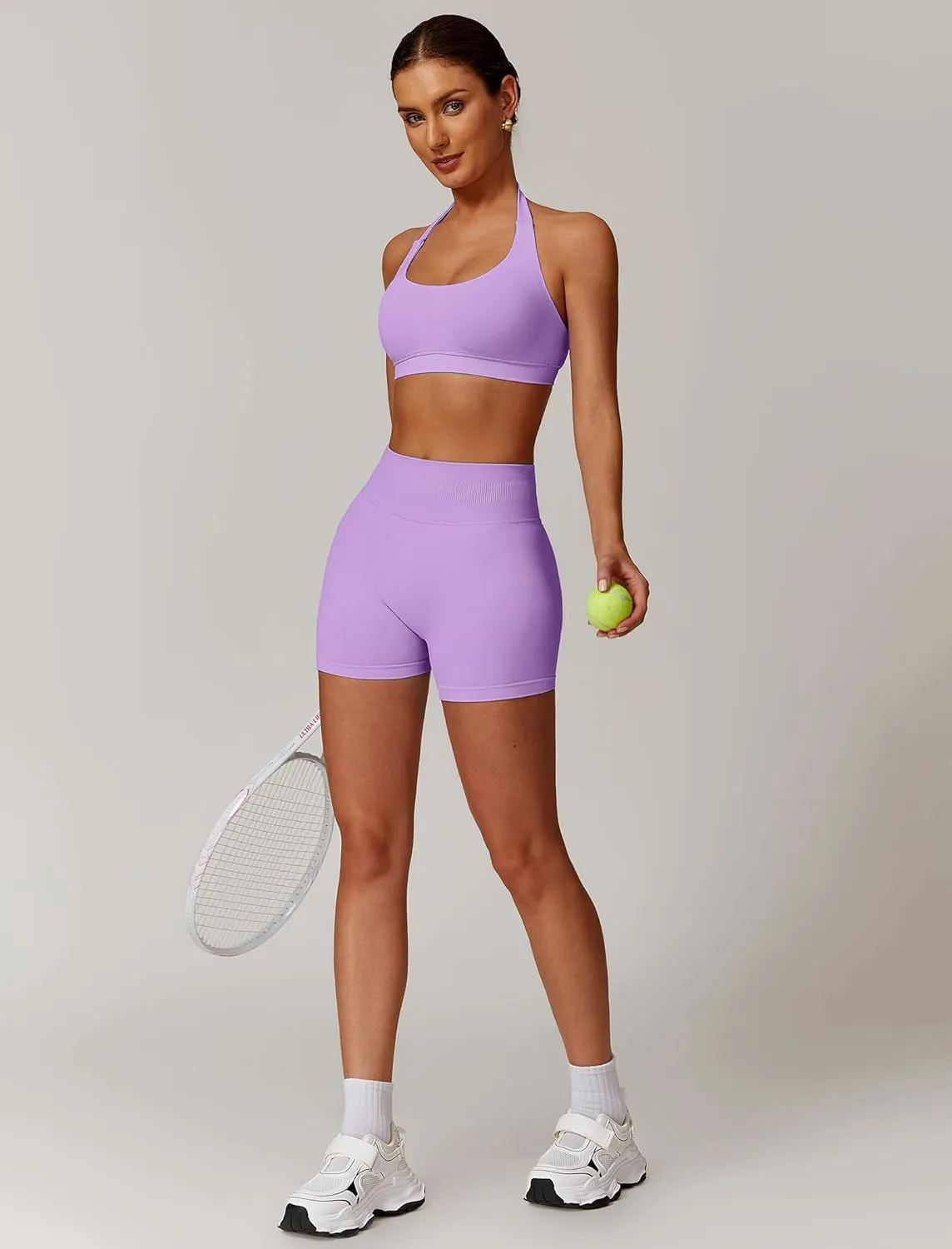 ABOCIW Workout Sets for Women 2 Piece seamless Halter Sports Bra Scrunch Butt Impact Shorts Gym Yoga Outfits