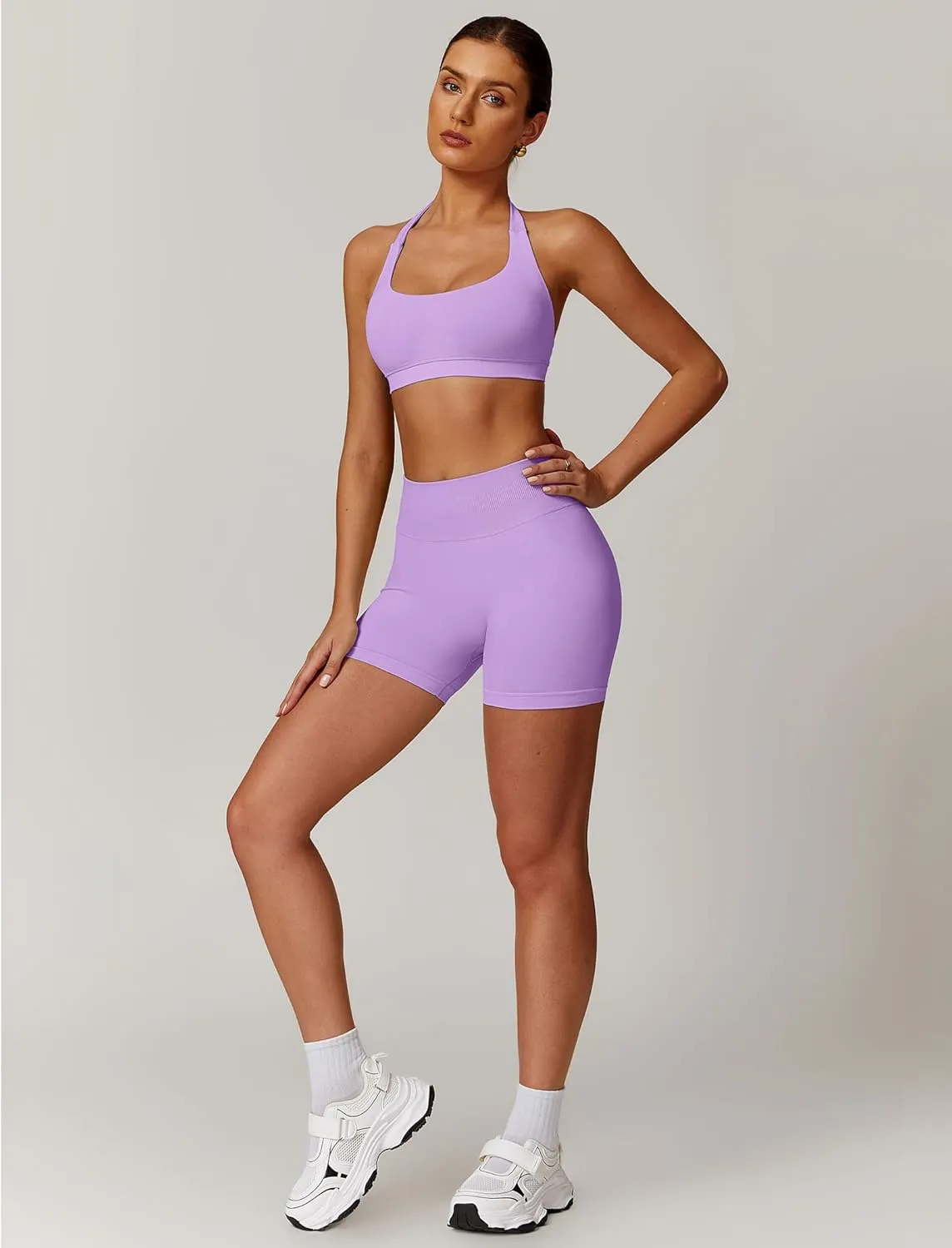 ABOCIW Workout Sets for Women 2 Piece seamless Halter Sports Bra Scrunch Butt Impact Shorts Gym Yoga Outfits