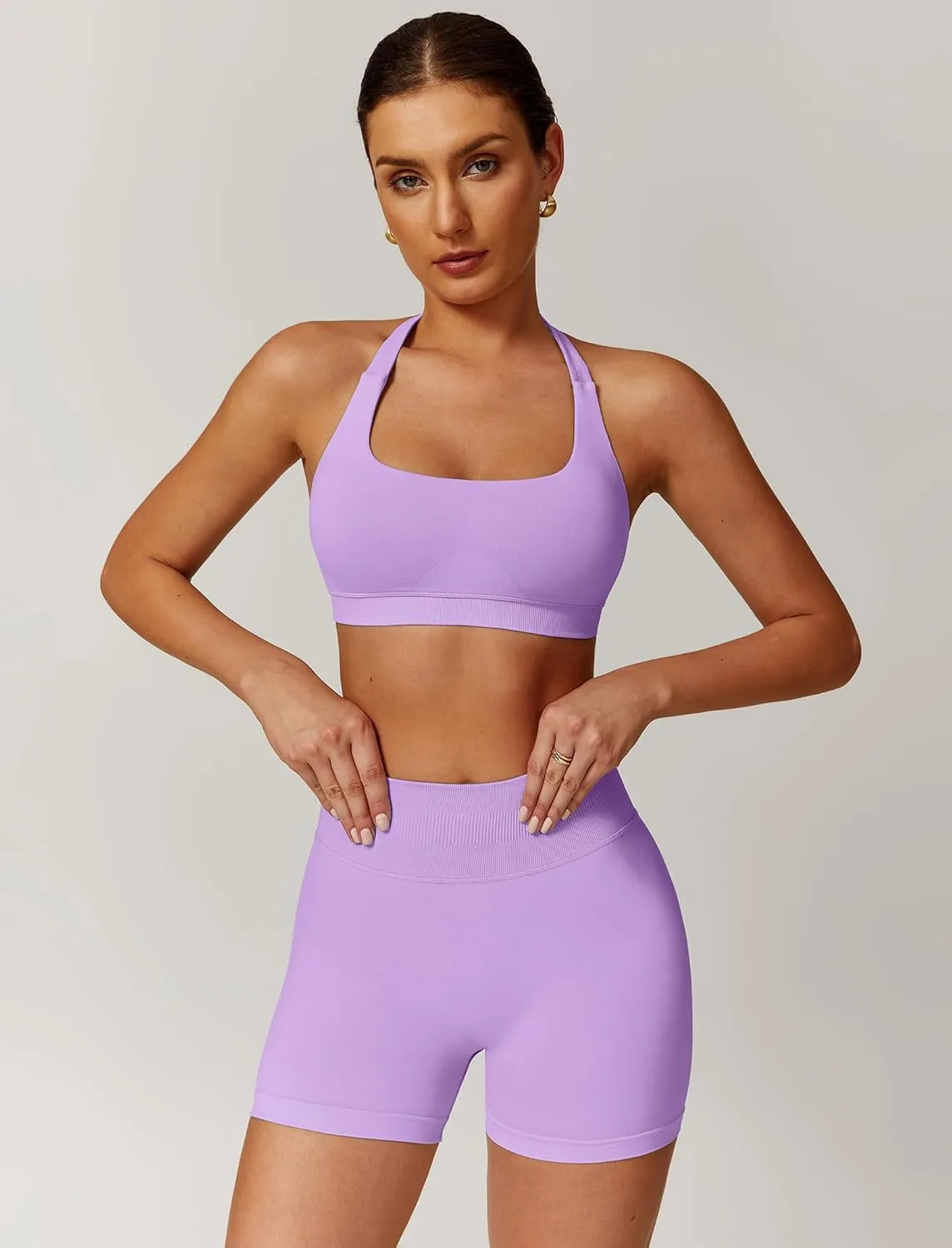 ABOCIW Workout Sets for Women 2 Piece seamless Halter Sports Bra Scrunch Butt Impact Shorts Gym Yoga Outfits