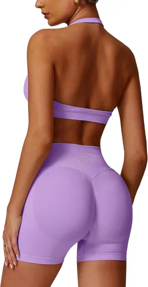 ABOCIW Workout Sets for Women 2 Piece seamless Halter Sports Bra Scrunch Butt Impact Shorts Gym Yoga Outfits
