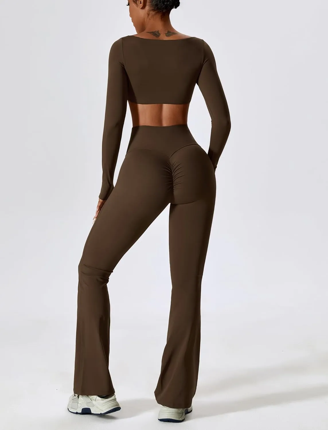 ABOCIW Workout Sets for Women 2 Piece Square Neck Long Sleeve Crop Tops High Waist Flared Leggings Gym Sets