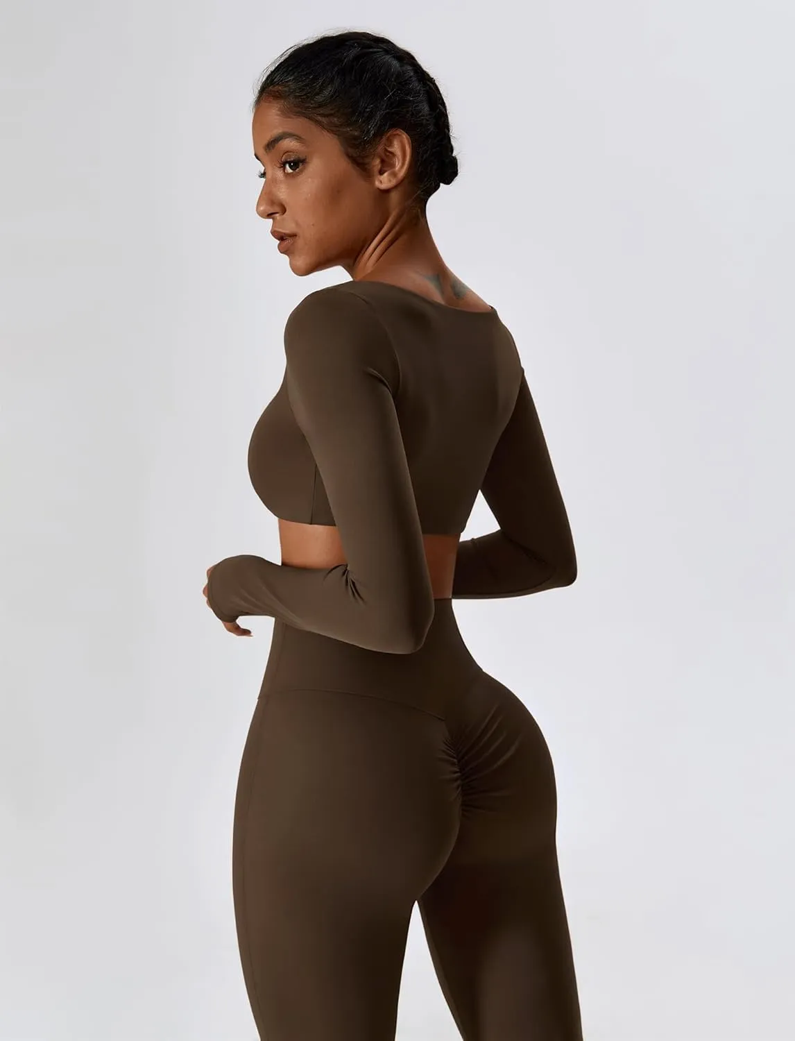 ABOCIW Workout Sets for Women 2 Piece Square Neck Long Sleeve Crop Tops High Waist Flared Leggings Gym Sets