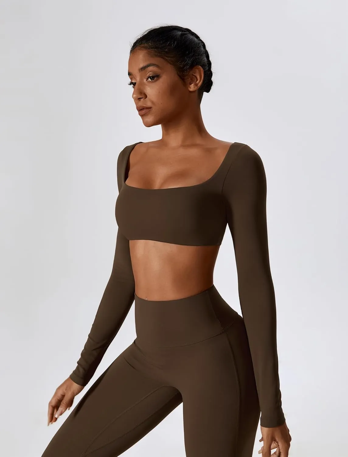 ABOCIW Workout Sets for Women 2 Piece Square Neck Long Sleeve Crop Tops High Waist Flared Leggings Gym Sets