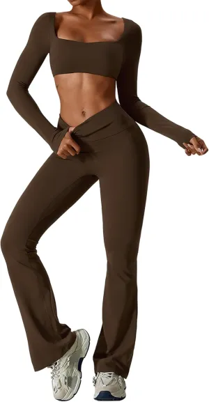 ABOCIW Workout Sets for Women 2 Piece Square Neck Long Sleeve Crop Tops High Waist Flared Leggings Gym Sets