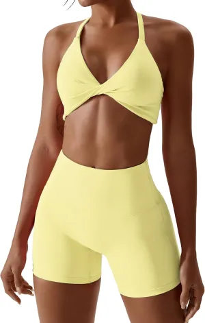 ABOCIW Workout Sets for Women 2 Piece Twist Front Halter Sports Bras High Waist Biker Shorts Exercise Gym Yoga Outfit