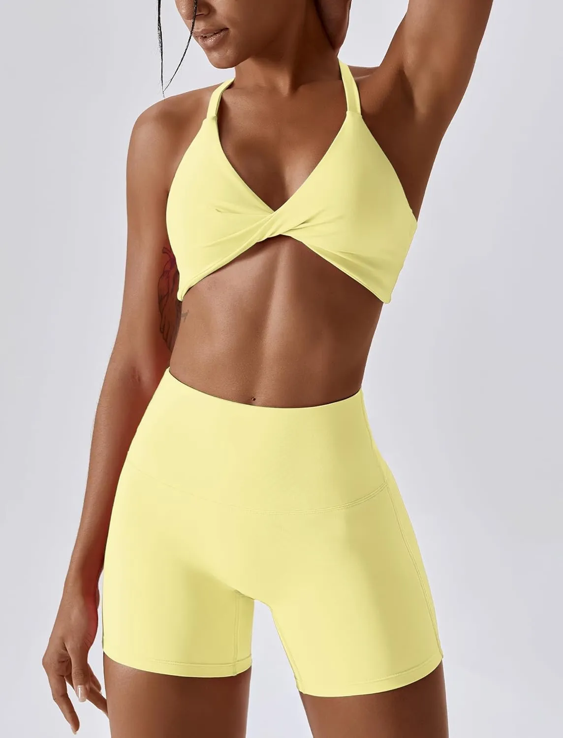 ABOCIW Workout Sets for Women 2 Piece Twist Front Halter Sports Bras High Waist Biker Shorts Exercise Gym Yoga Outfit