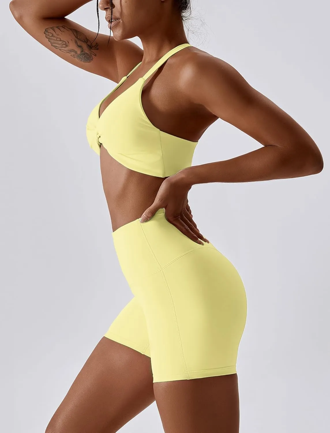 ABOCIW Workout Sets for Women 2 Piece Twist Front Halter Sports Bras High Waist Biker Shorts Exercise Gym Yoga Outfit