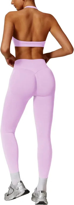 ABOCIW Workout Sets for Women Seamless Scunch Butt Lifting Impact Leggings Halter Sports Bra 2 Piece Gym Outfits