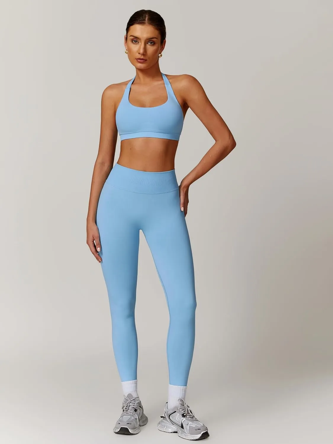 ABOCIW Workout Sets for Women Seamless Scunch Butt Lifting Impact Leggings Halter Sports Bra 2 Piece Gym Outfits