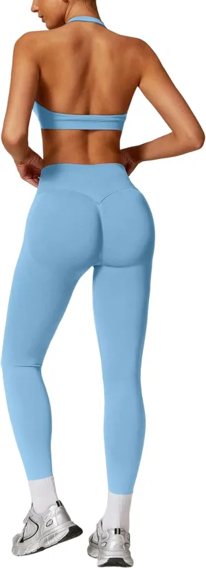 ABOCIW Workout Sets for Women Seamless Scunch Butt Lifting Impact Leggings Halter Sports Bra 2 Piece Gym Outfits
