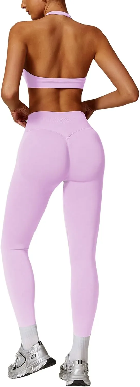 ABOCIW Workout Sets for Women Seamless Scunch Butt Lifting Impact Leggings Halter Sports Bra 2 Piece Gym Outfits