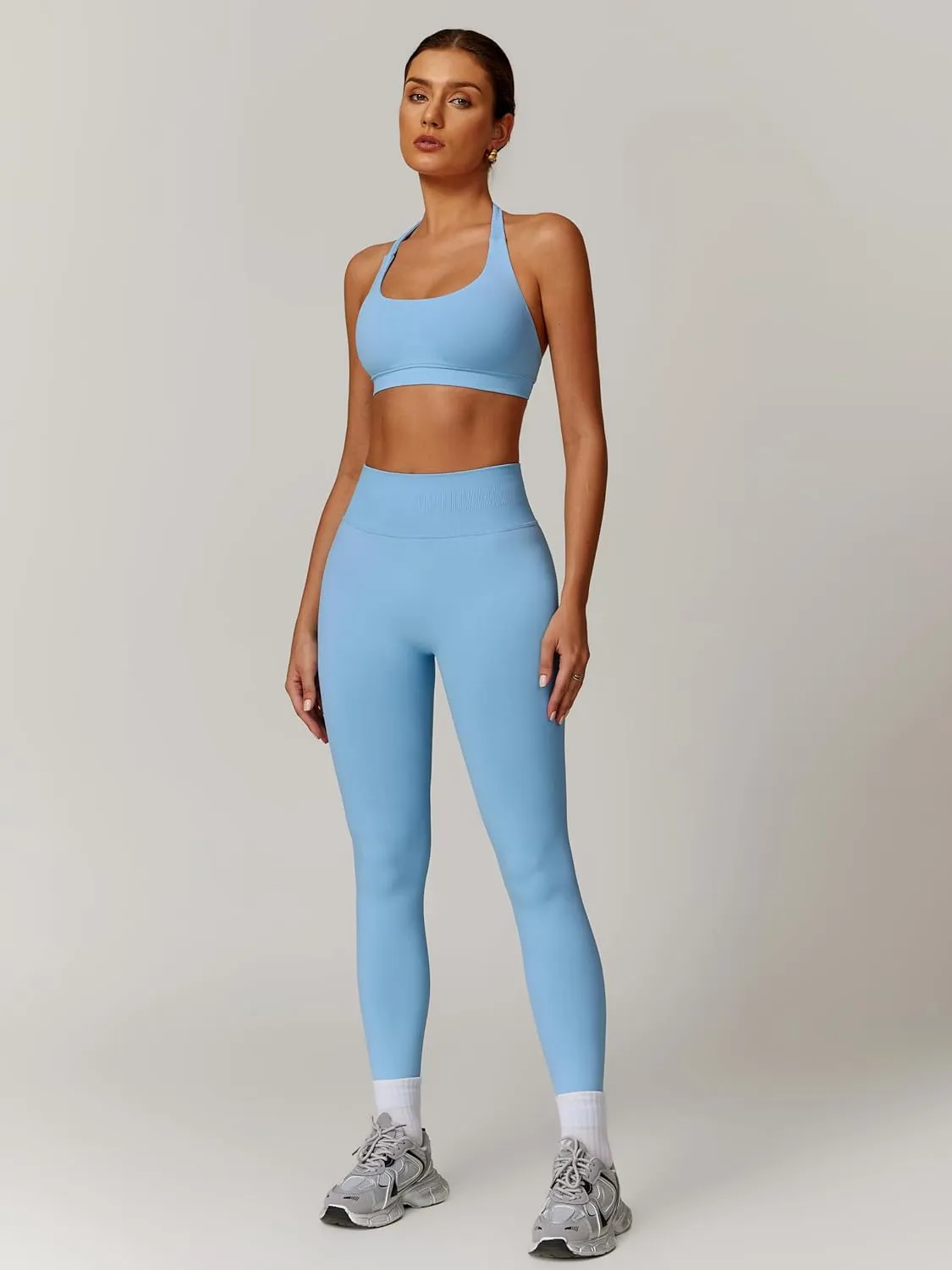 ABOCIW Workout Sets for Women Seamless Scunch Butt Lifting Impact Leggings Halter Sports Bra 2 Piece Gym Outfits