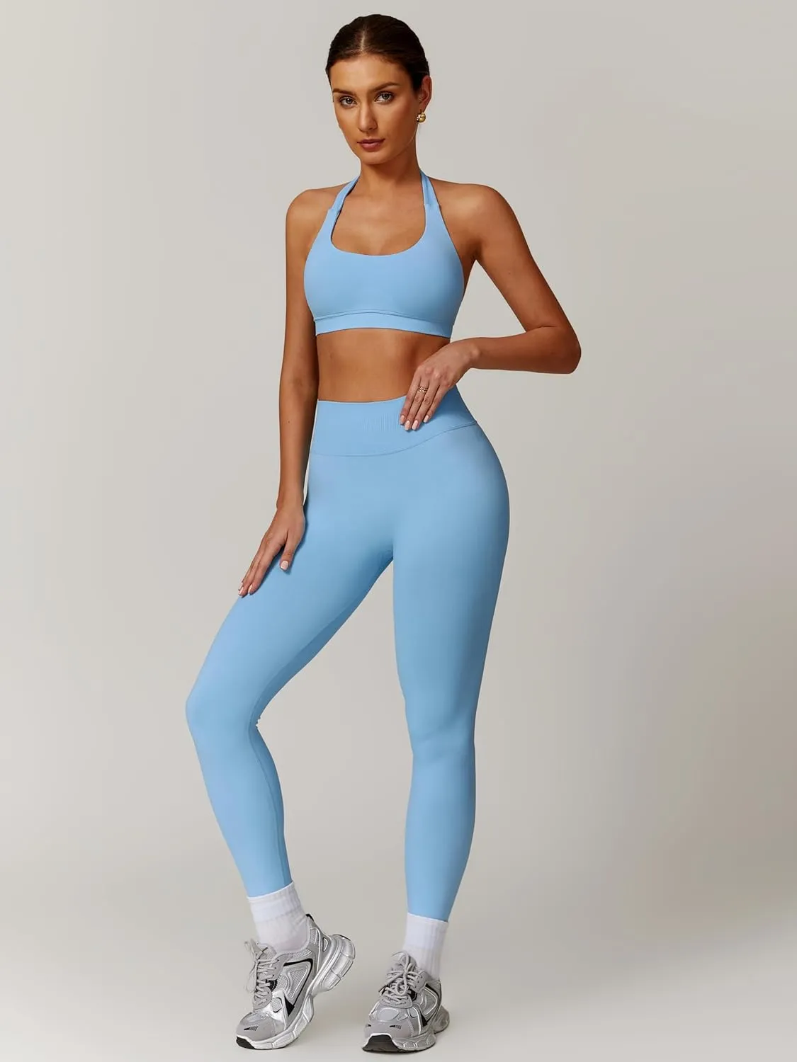 ABOCIW Workout Sets for Women Seamless Scunch Butt Lifting Impact Leggings Halter Sports Bra 2 Piece Gym Outfits