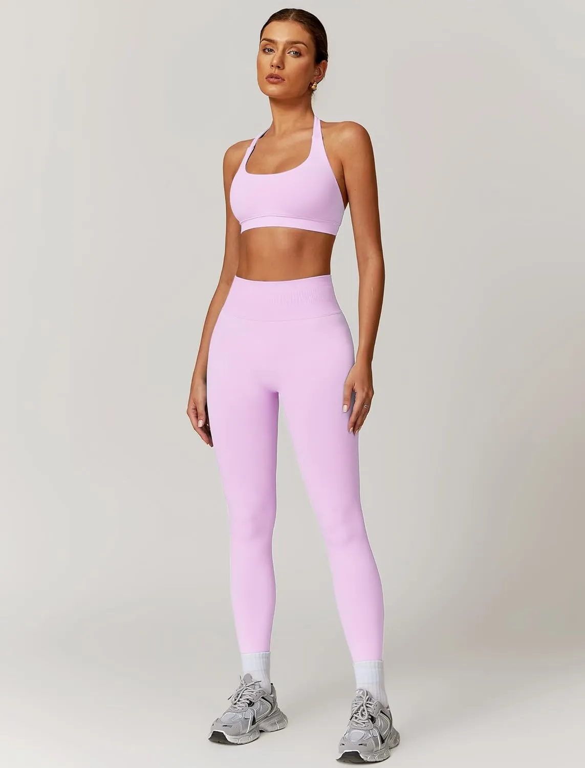ABOCIW Workout Sets for Women Seamless Scunch Butt Lifting Impact Leggings Halter Sports Bra 2 Piece Gym Outfits