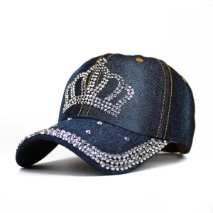 Adjustable Womens Sparkle Bling Rhinestone Bejeweled Crown Cotton Denim Baseball Cap Hip Hop Hat Sun Cap