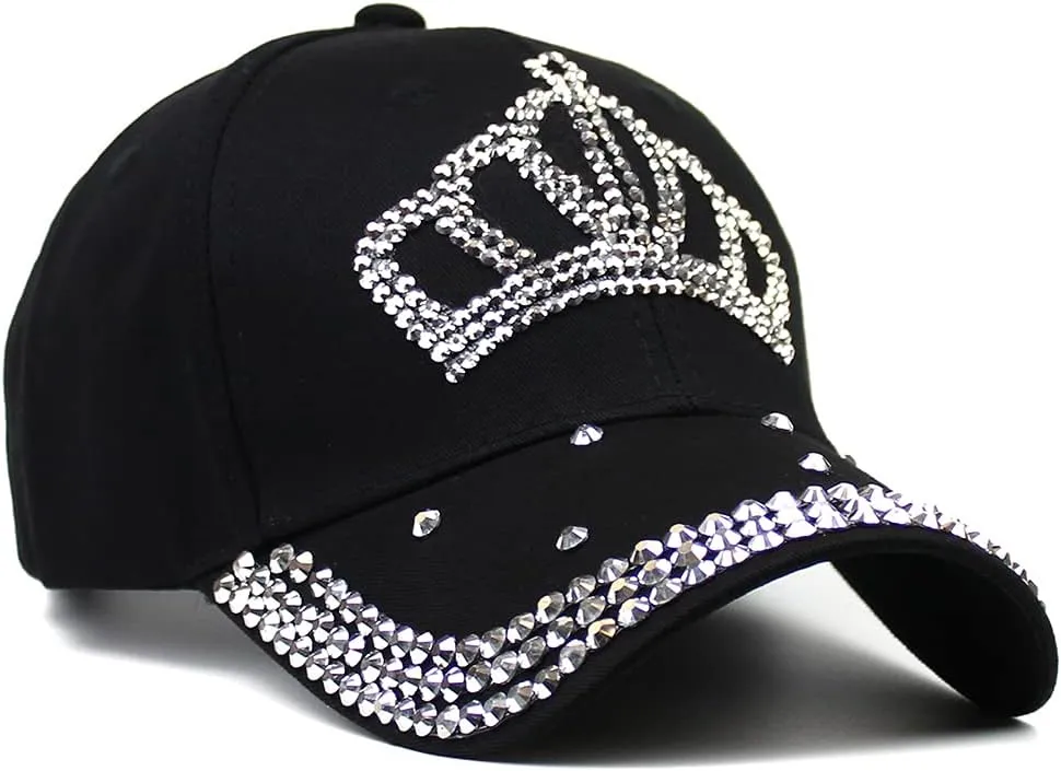 Adjustable Womens Sparkle Bling Rhinestone Bejeweled Crown Cotton Denim Baseball Cap Hip Hop Hat Sun Cap