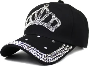 Adjustable Womens Sparkle Bling Rhinestone Bejeweled Crown Cotton Denim Baseball Cap Hip Hop Hat Sun Cap