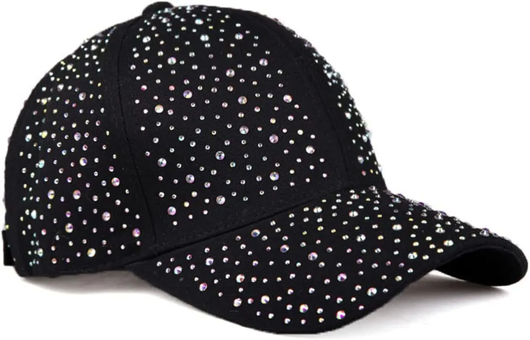 Adjustable Womens Sparkle Bling Rhinestone Bejeweled Crown Cotton Denim Baseball Cap Hip Hop Hat Sun Cap