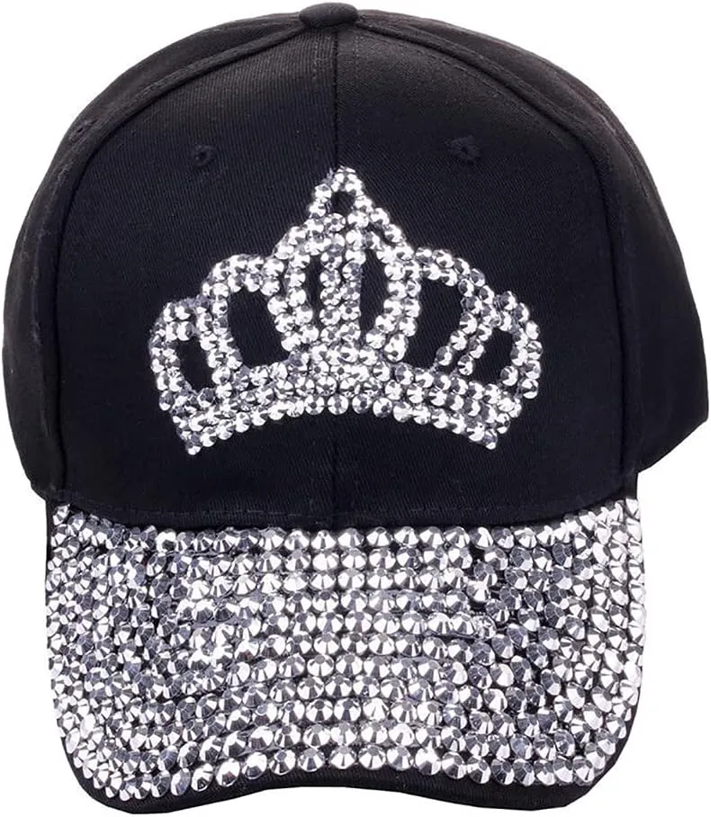 Adjustable Womens Sparkle Bling Rhinestone Bejeweled Crown Cotton Denim Baseball Cap Hip Hop Hat Sun Cap