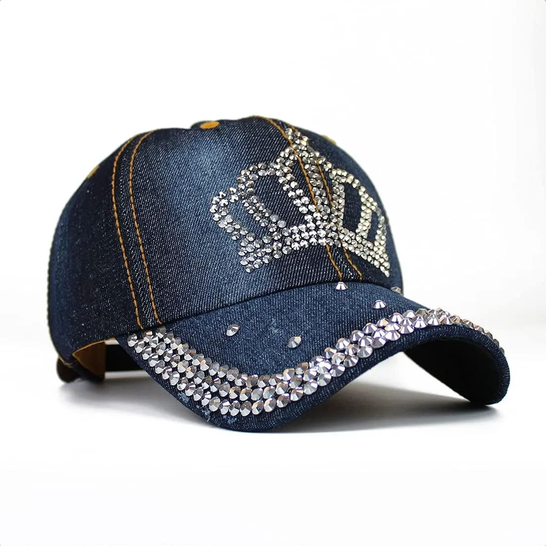 Adjustable Womens Sparkle Bling Rhinestone Bejeweled Crown Cotton Denim Baseball Cap Hip Hop Hat Sun Cap