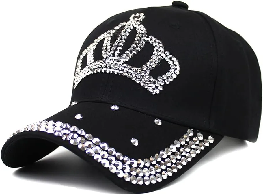 Adjustable Womens Sparkle Bling Rhinestone Bejeweled Crown Cotton Denim Baseball Cap Hip Hop Hat Sun Cap