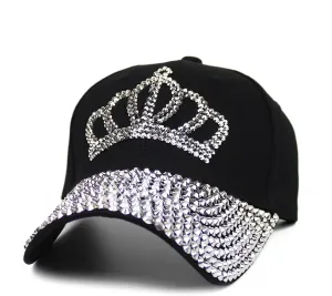 Adjustable Womens Sparkle Bling Rhinestone Bejeweled Crown Cotton Denim Baseball Cap Hip Hop Hat Sun Cap