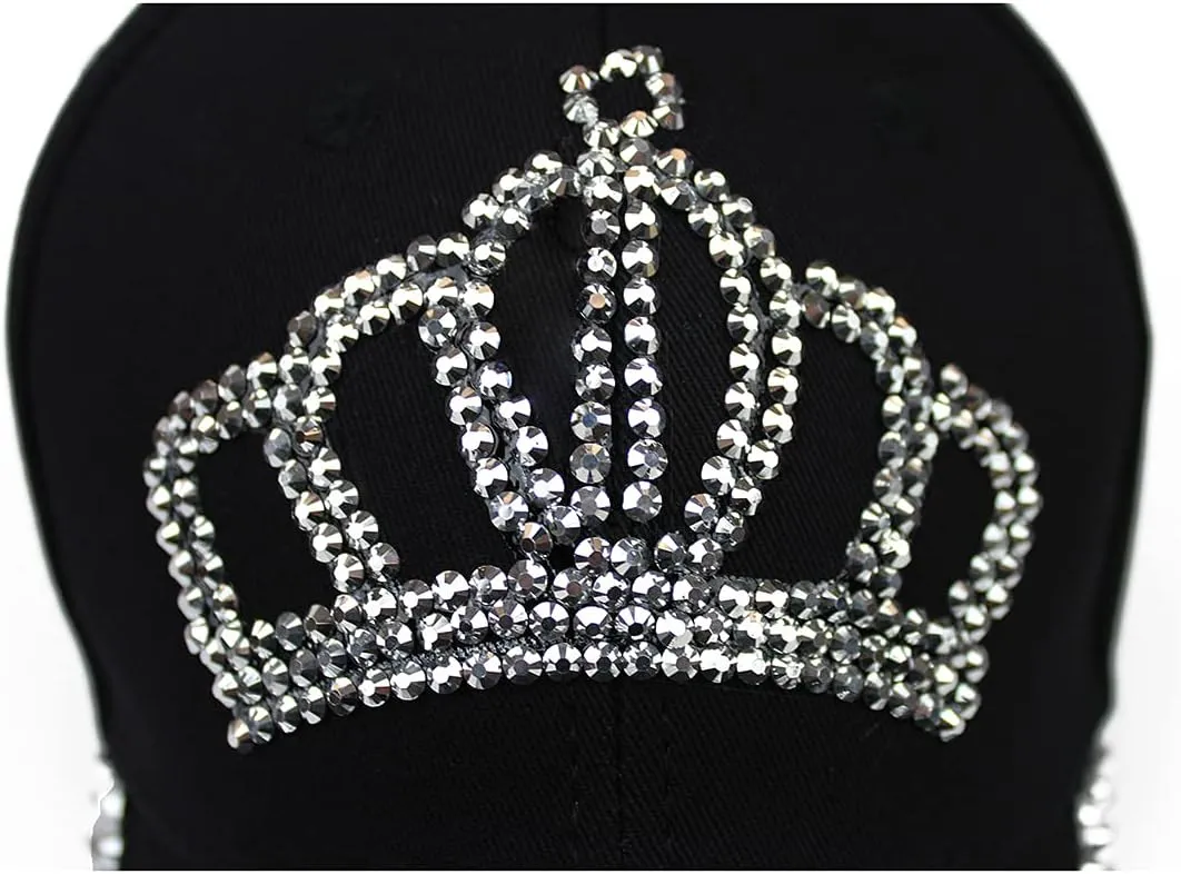 Adjustable Womens Sparkle Bling Rhinestone Bejeweled Crown Cotton Denim Baseball Cap Hip Hop Hat Sun Cap