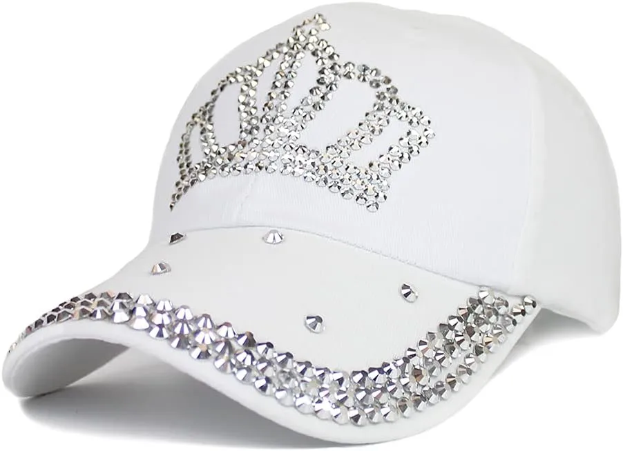 Adjustable Womens Sparkle Bling Rhinestone Bejeweled Crown Cotton Denim Baseball Cap Hip Hop Hat Sun Cap