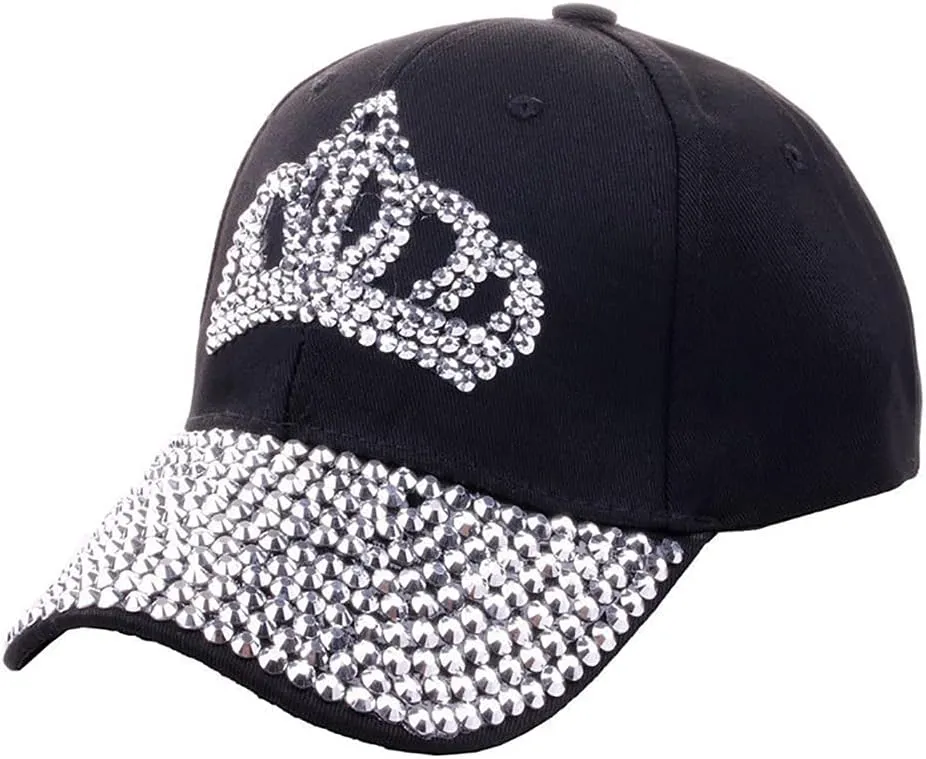 Adjustable Womens Sparkle Bling Rhinestone Bejeweled Crown Cotton Denim Baseball Cap Hip Hop Hat Sun Cap