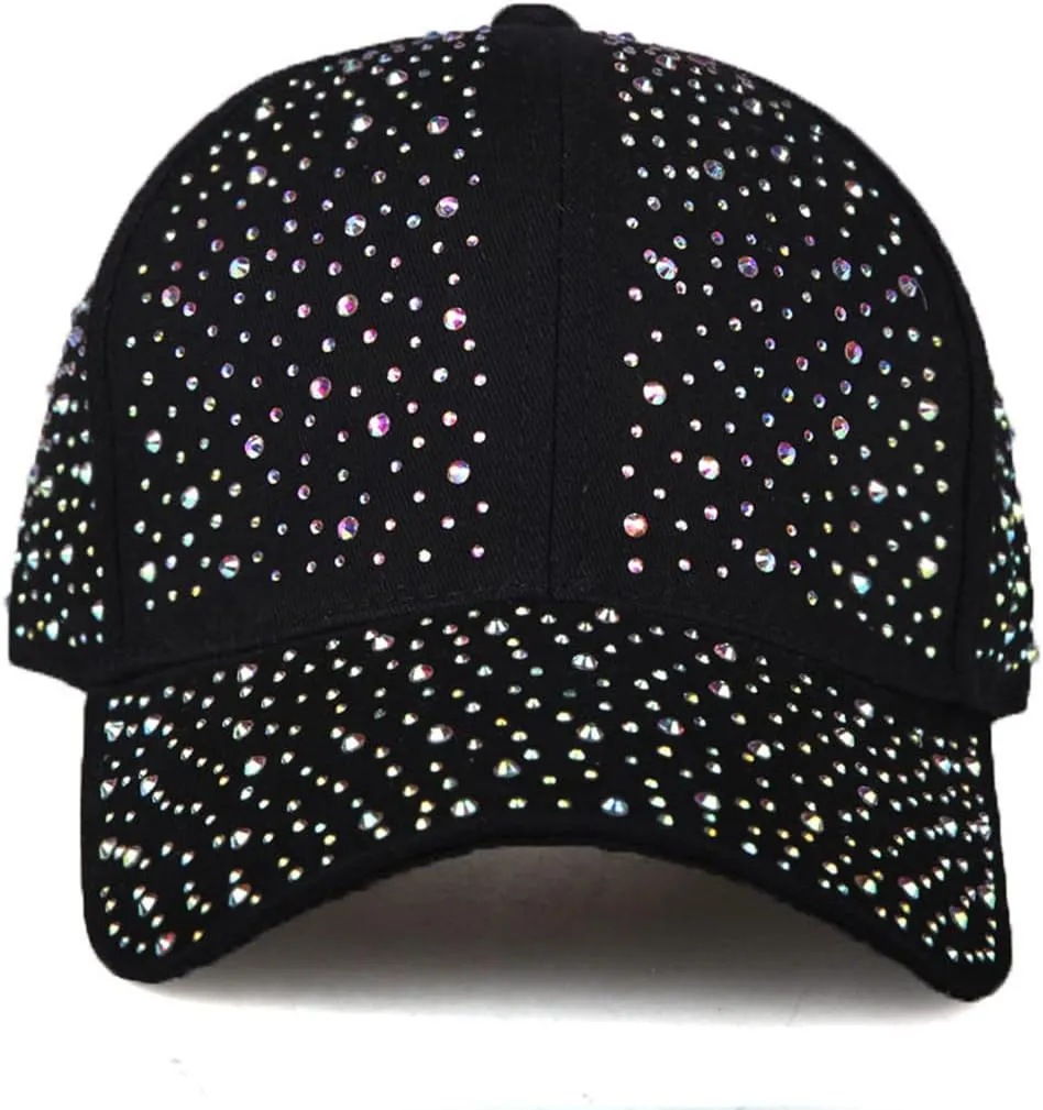 Adjustable Womens Sparkle Bling Rhinestone Bejeweled Crown Cotton Denim Baseball Cap Hip Hop Hat Sun Cap