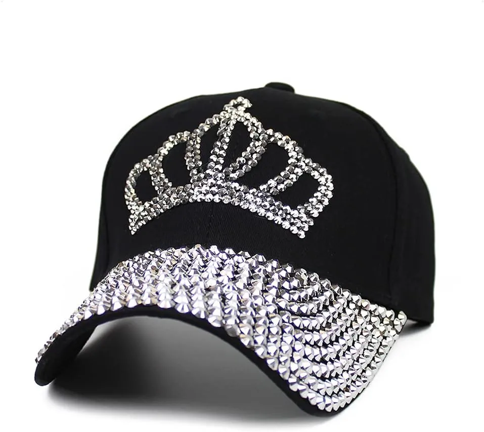 Adjustable Womens Sparkle Bling Rhinestone Bejeweled Crown Cotton Denim Baseball Cap Hip Hop Hat Sun Cap
