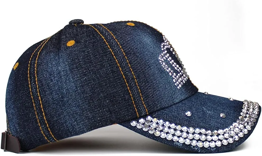 Adjustable Womens Sparkle Bling Rhinestone Bejeweled Crown Cotton Denim Baseball Cap Hip Hop Hat Sun Cap