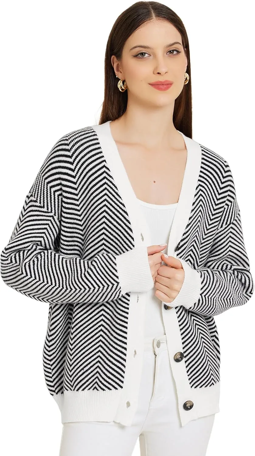 Allegra K Women's Striped Cardigan Sweaters Open Front Button Down V Neck Cardigans