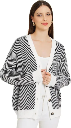 Allegra K Women's Striped Cardigan Sweaters Open Front Button Down V Neck Cardigans