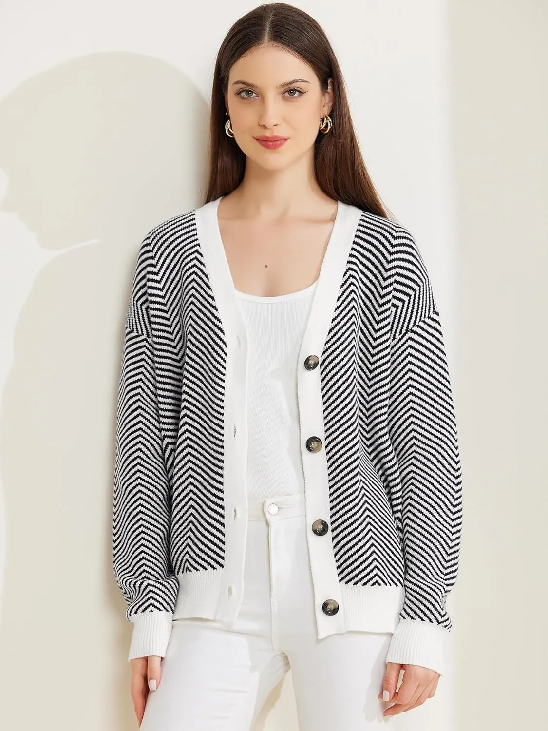 Allegra K Women's Striped Cardigan Sweaters Open Front Button Down V Neck Cardigans