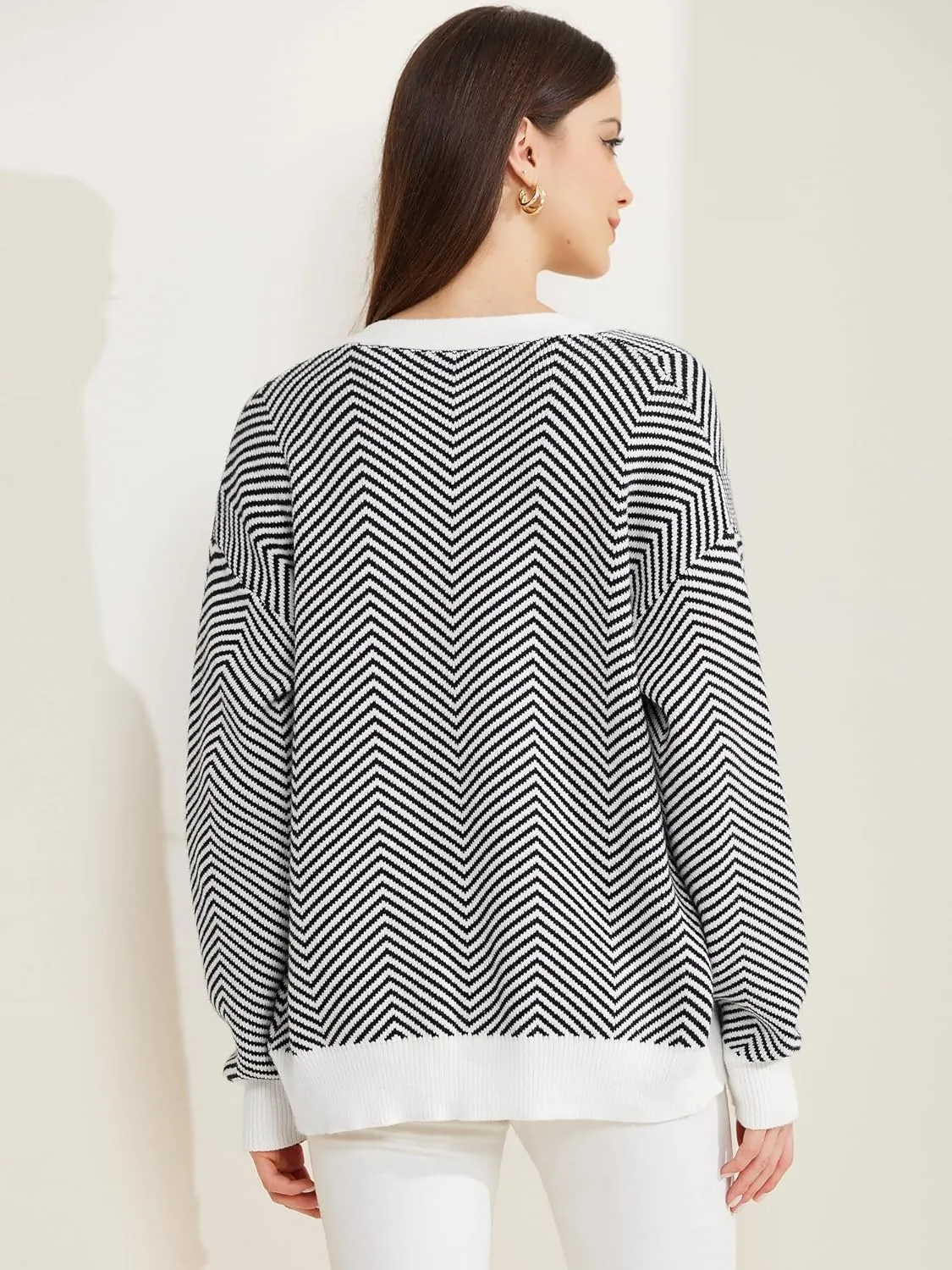 Allegra K Women's Striped Cardigan Sweaters Open Front Button Down V Neck Cardigans