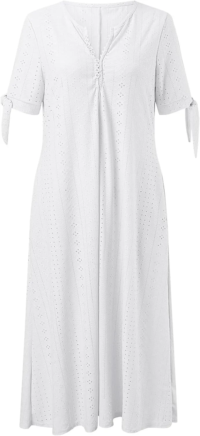Aniywn Casual Summer Dresses for Women with Sleeves Trendy Short Sleeve Eyelet Tshirt Dress Bohemia Beach Vacation Sundress