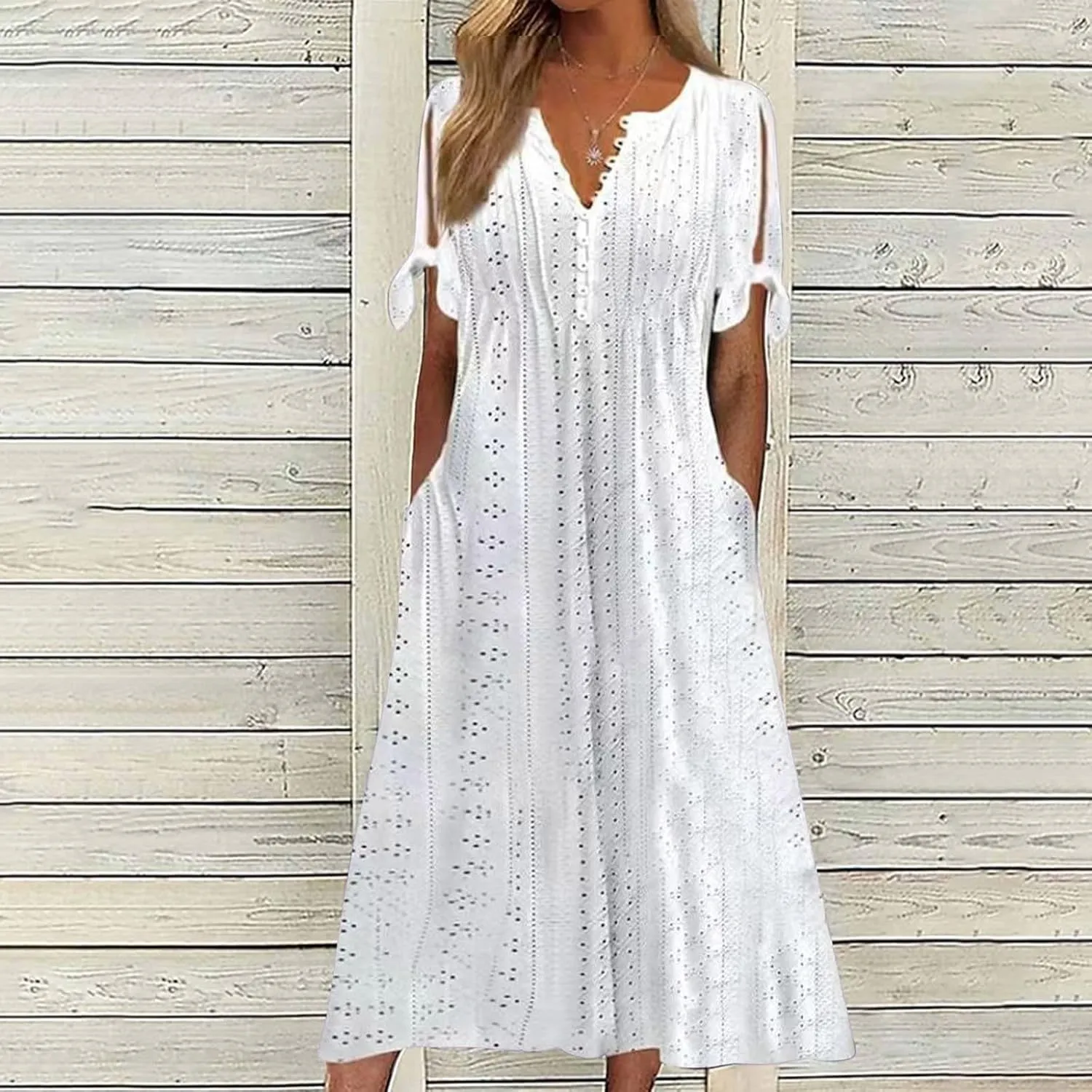 Aniywn Casual Summer Dresses for Women with Sleeves Trendy Short Sleeve Eyelet Tshirt Dress Bohemia Beach Vacation Sundress