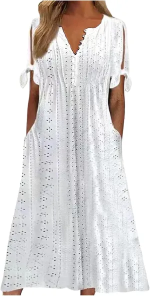 Aniywn Casual Summer Dresses for Women with Sleeves Trendy Short Sleeve Eyelet Tshirt Dress Bohemia Beach Vacation Sundress