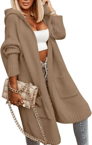 Aoysky Womens Long Cardigans Cable Knitted Open Front Oversized Hooded Outerwear Sweater Coat