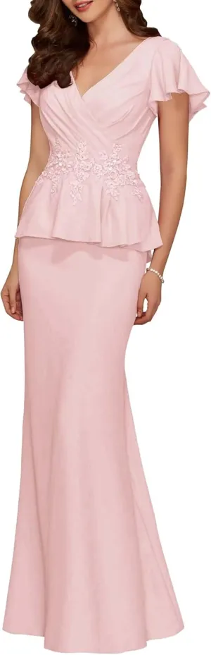 Appliques Mermaid Mother of The Bride Dresses Short Sleeve V Neck Chiffon Mother of The Groom Dresses for Wedding Guest