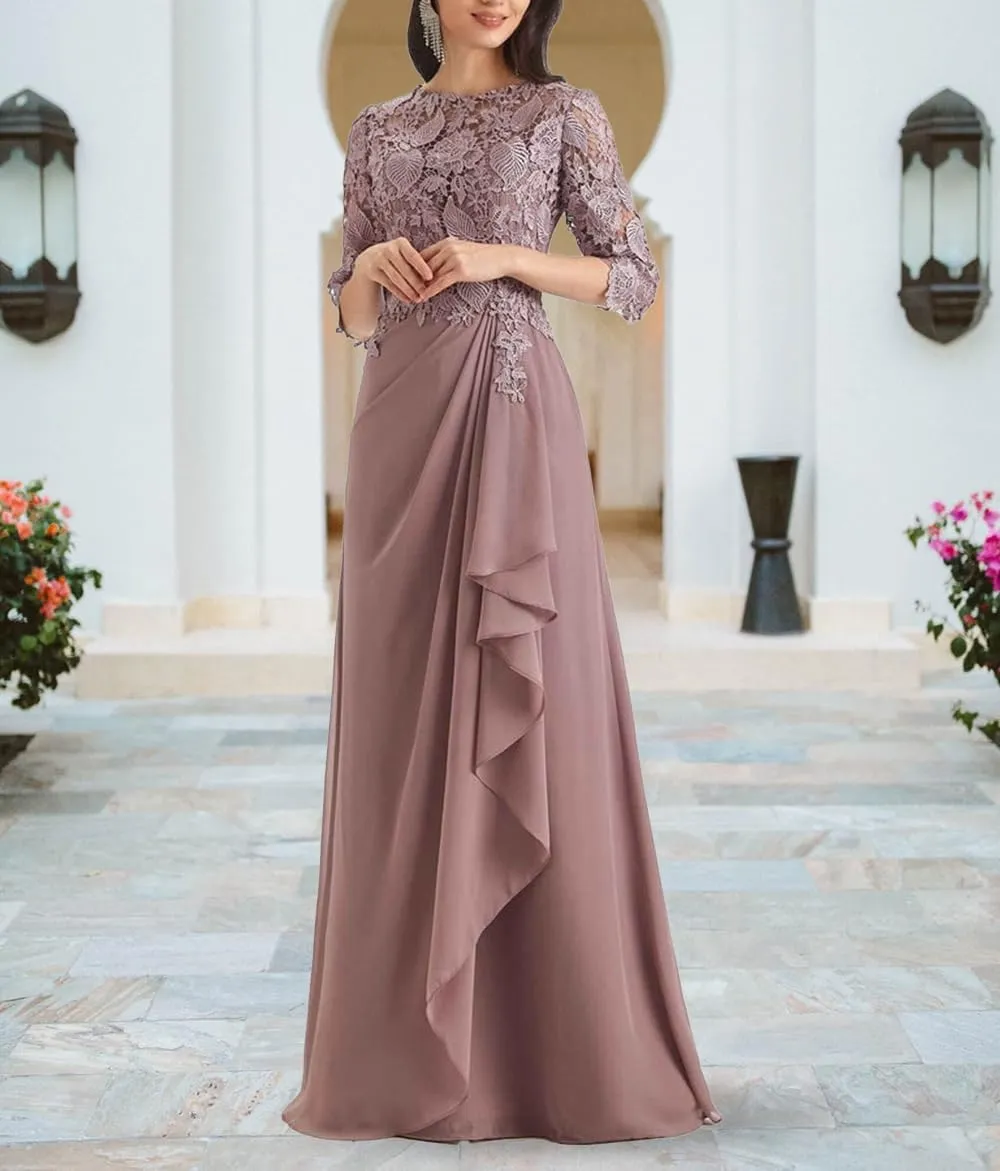Appliques Mother of The Bride Dresses for Wedding Ruffles Long Chiffon Formal Dress with Sleevess Evening Gown