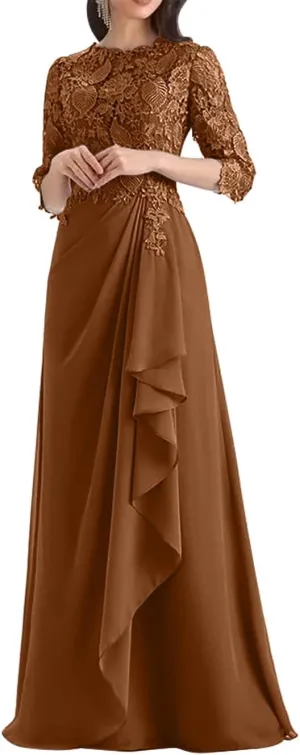 Appliques Mother of The Bride Dresses for Wedding Ruffles Long Chiffon Formal Dress with Sleevess Evening Gown