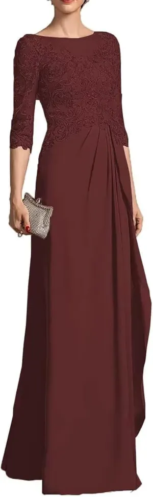 Appliques Mother of The Bride Dresses for Women Ruffles Chiffon Formal Dress with Sleevess Evening Gown